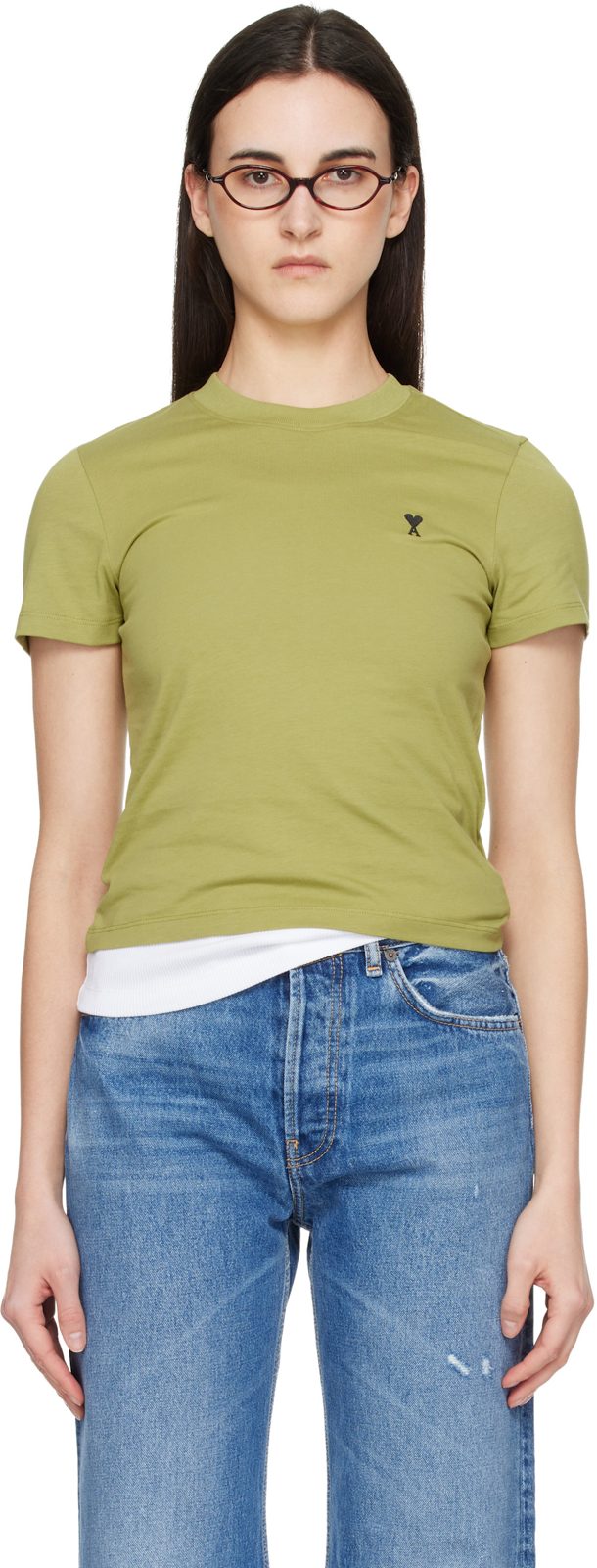Green Cotton Ami de Coeur Cropped T-shirt 261482F110007