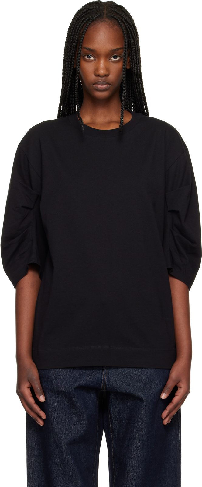 Black Pleated Sleeve T-shirt 261358F110025