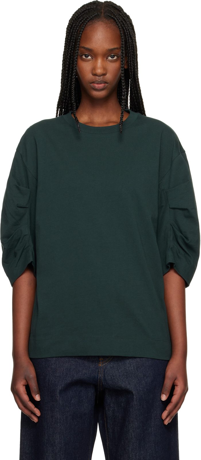 Green Pleated Sleeve T-shirt 261358F110026
