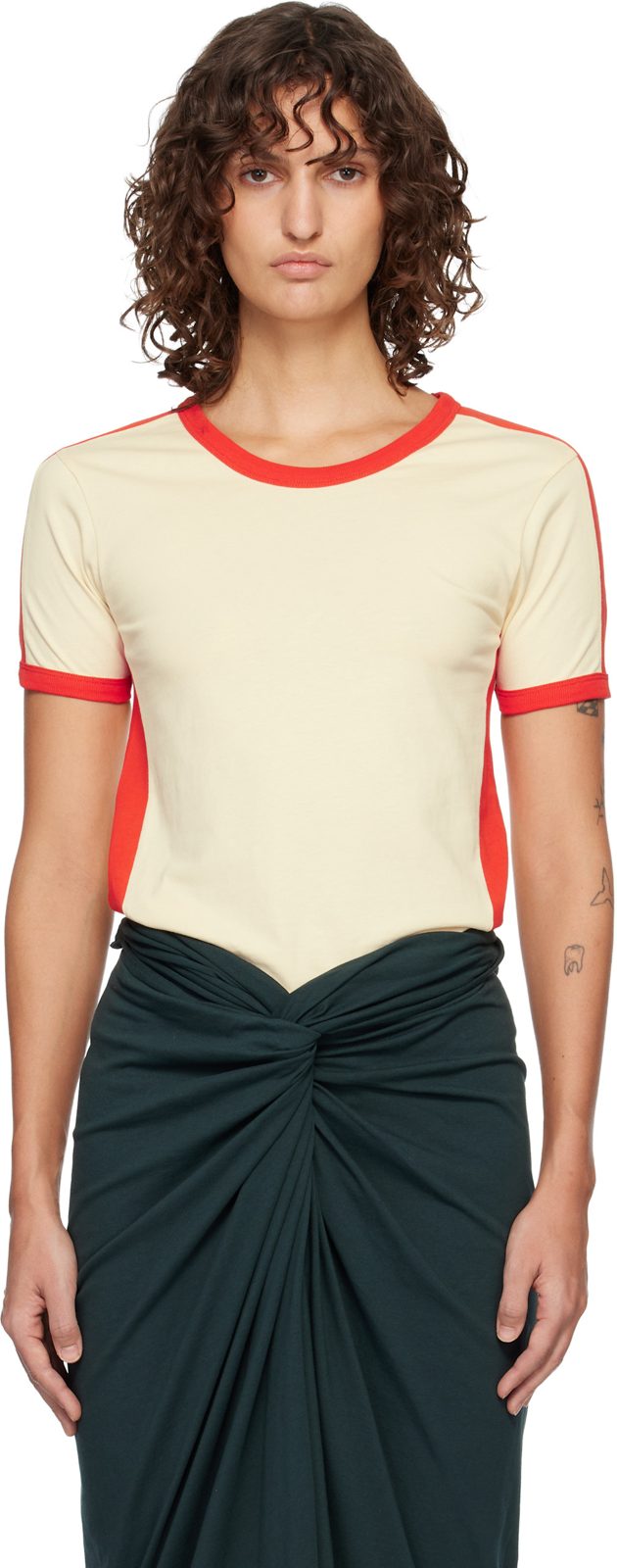 오프화이트 & Red Fitted Contrast T-shirt 261358F110019