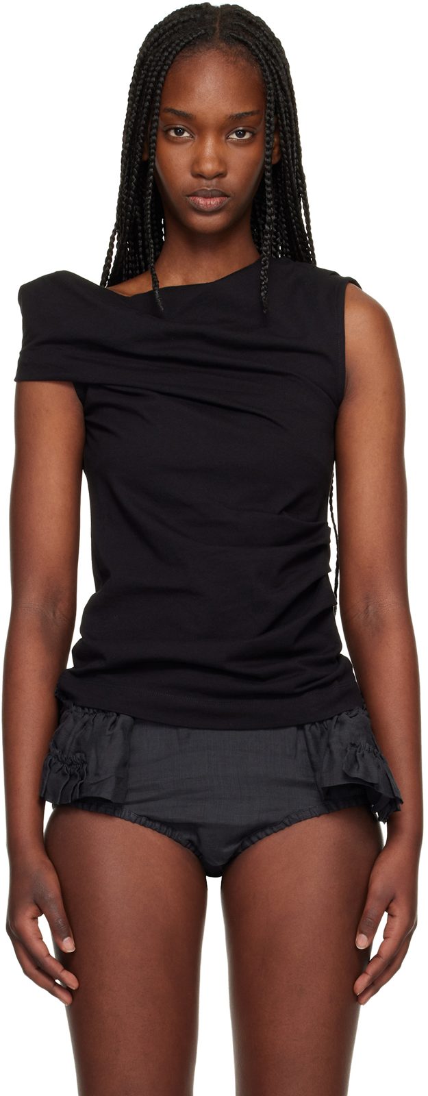 Black Draped Tank Top 261358F111012