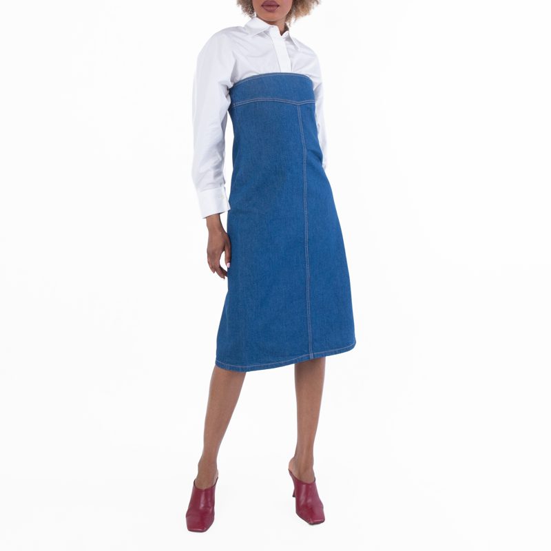 Strapless Cotton Denim Midi Dress
