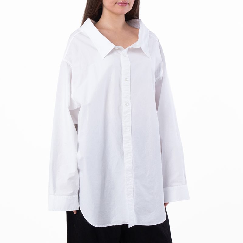 Off-Shoulder White Cotton Poplin Long Sleeve Shirt