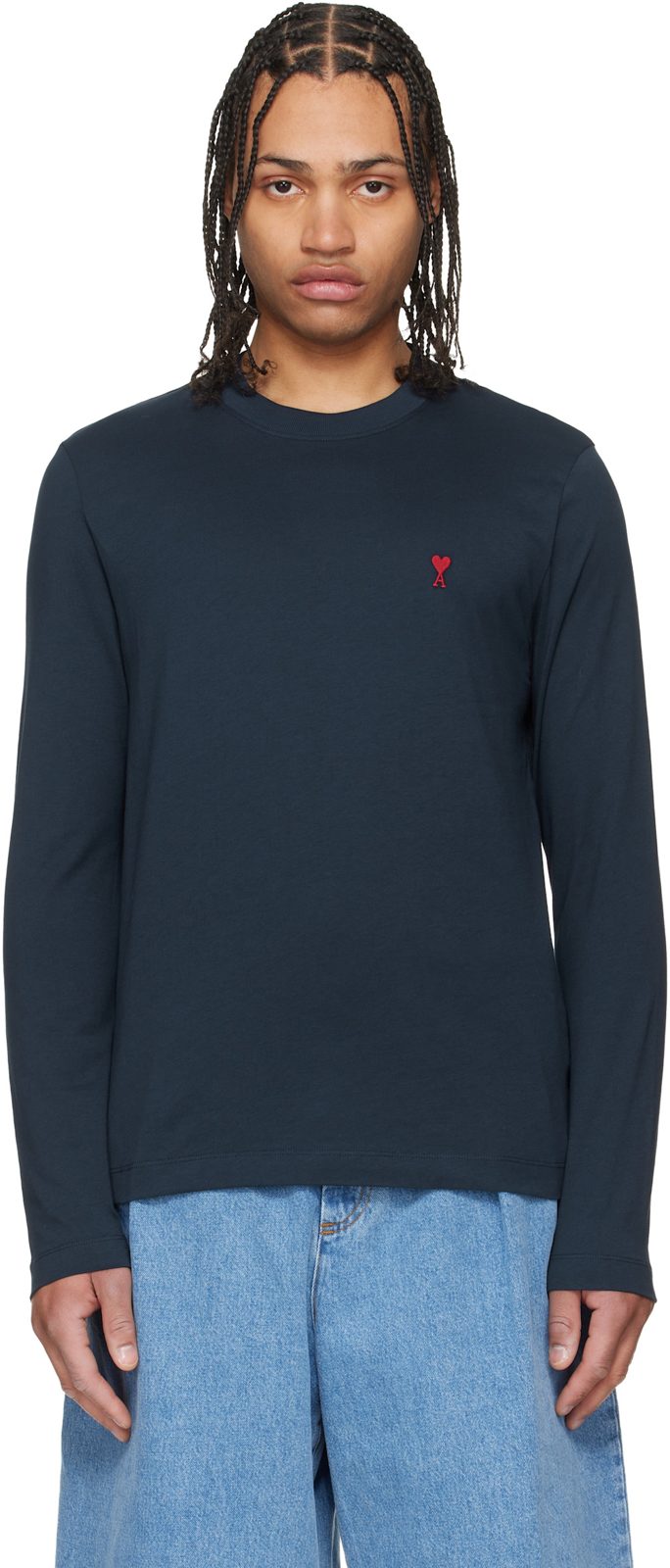 Navy Cotton Ami de Coeur Long Sleeves T-shirt 261482M213027
