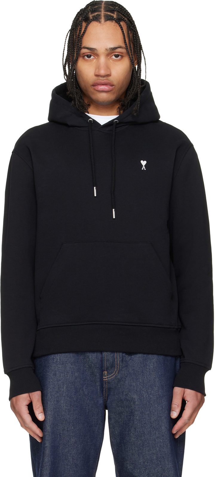 Black Cotton Contrasted Ami de Coeur Hoodie 261482M202019