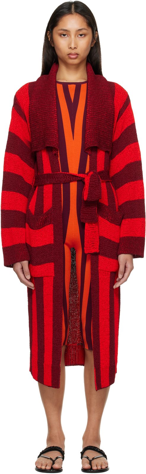 Red & Burgundy Loose Belted Cardigan 261358F095000