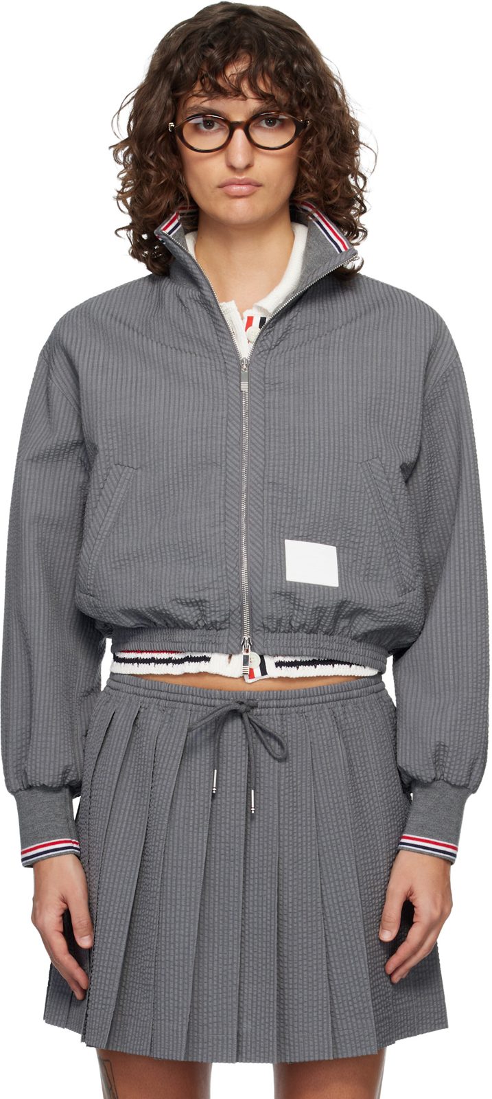 Gray Wool Seersucker Zip Up Track Jacket 261381F097000
