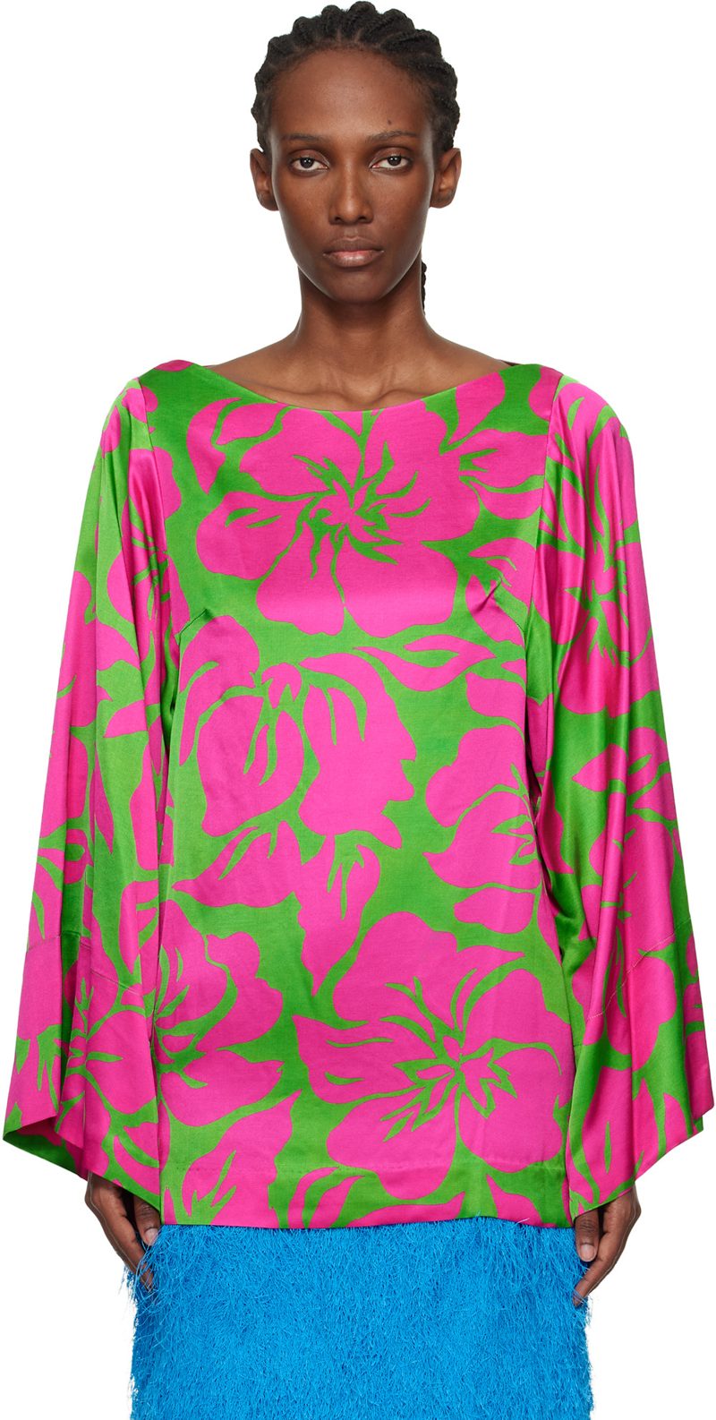 Pink & Green Satin Floral Print Blouse 261358F107013
