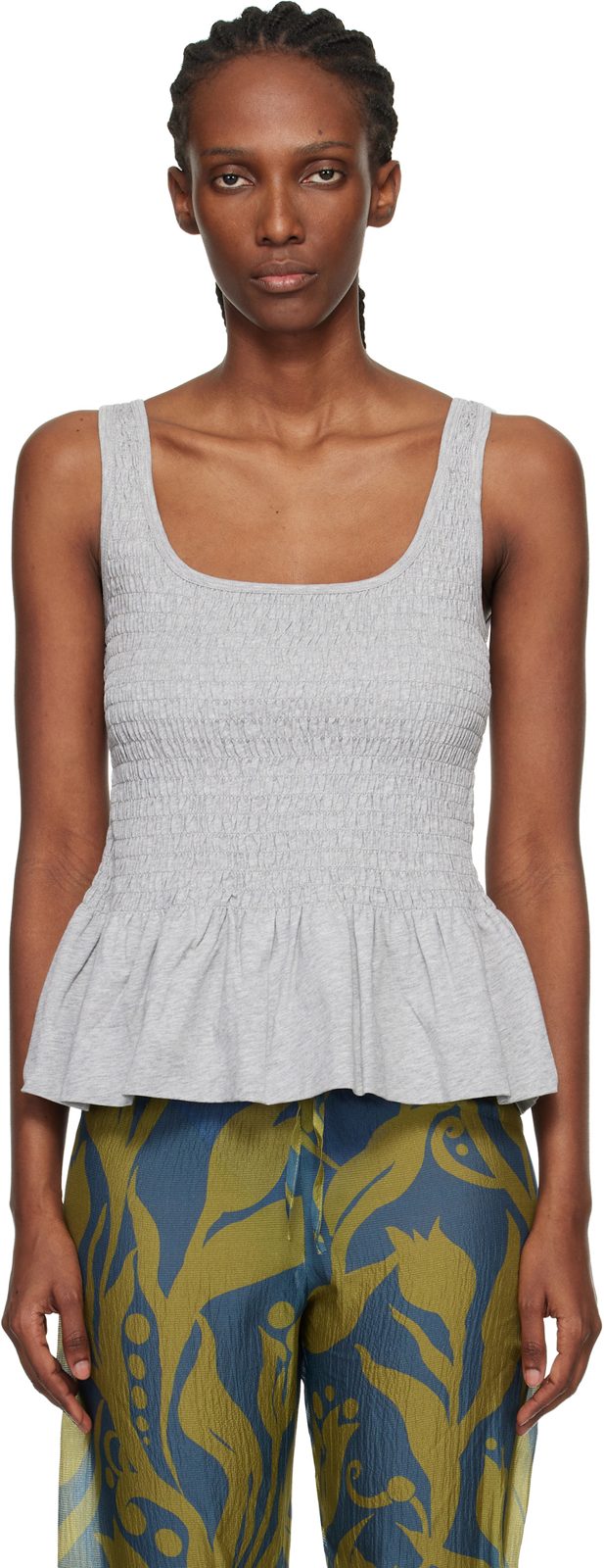 Gray Shirred Ruffle Top 261358F111013