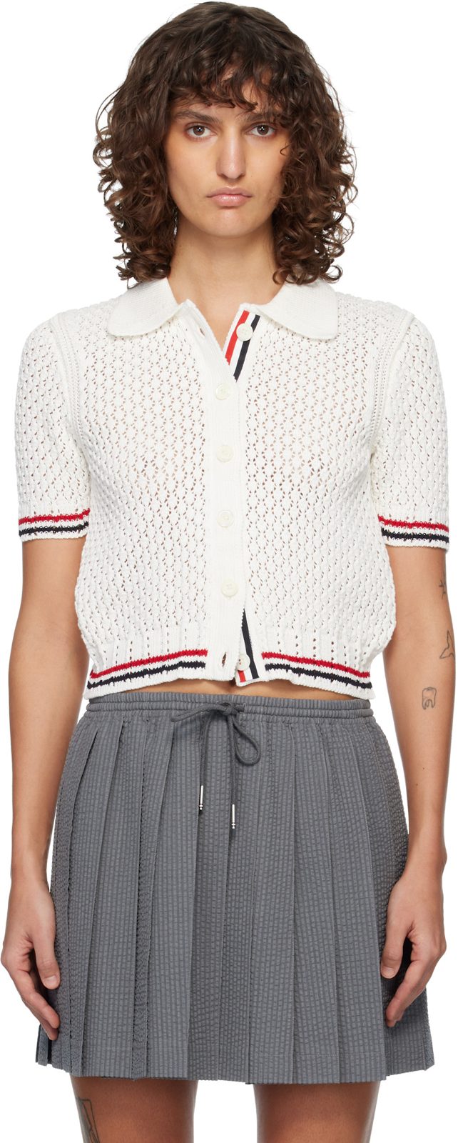 White Hector Pointelle Short Sleeve Cardigan 261381F095012