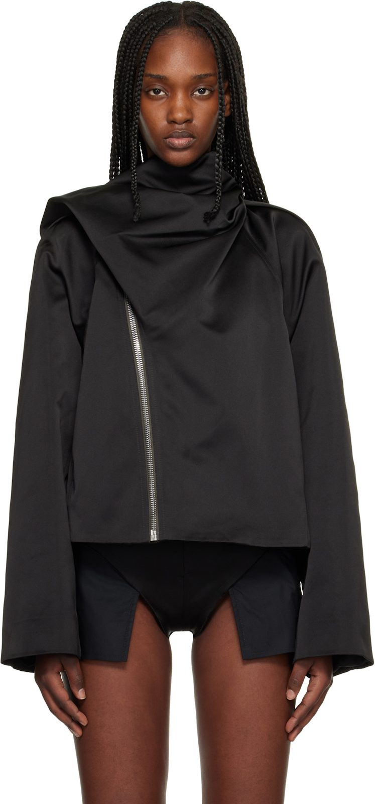 Black Temple Cropped Scarf Flight Jacket 261232F063011