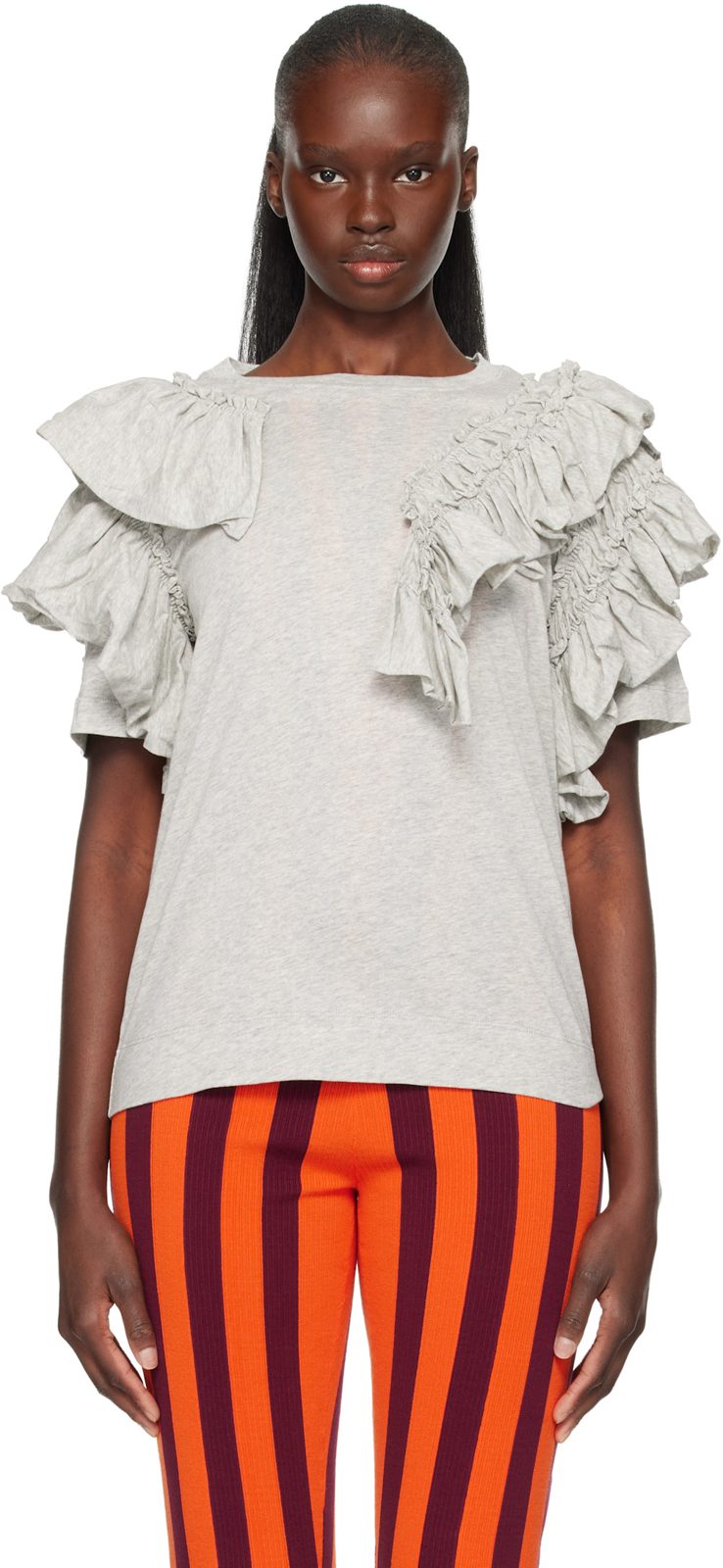 Gray Ruffled T-shirt 261358F110014