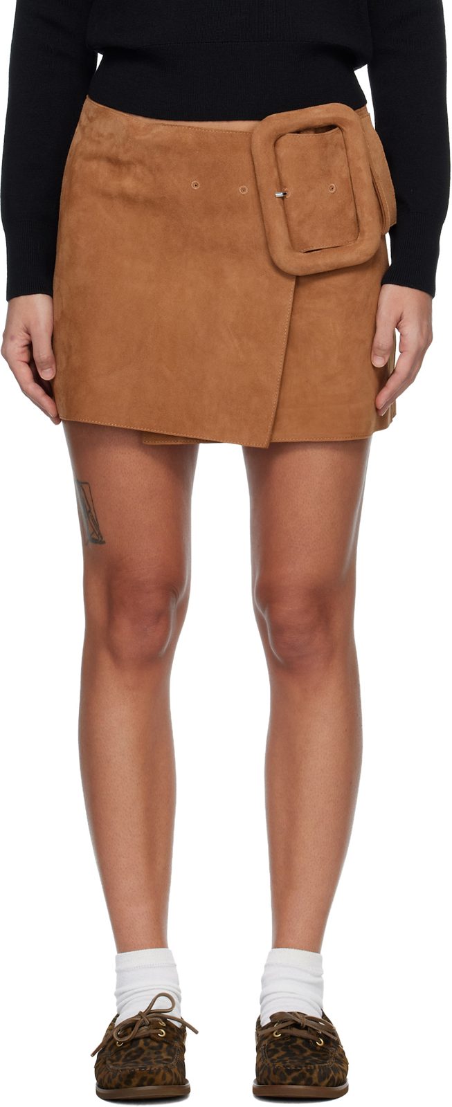 Tan Goat Leather Big Buckle Belted Miniskirt 261482F090000