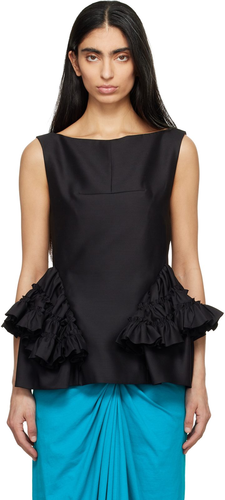 Black Ruffled Peplum Blouse 261358F107017