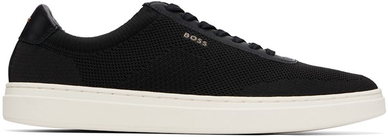 Black Lace-Up Leather Trim Knitted Sneakers 261085M237091