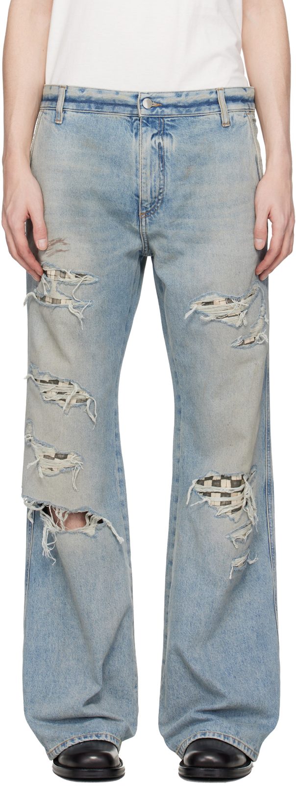 Blue Checkered Repair Bootcut Jeans 261886M186046