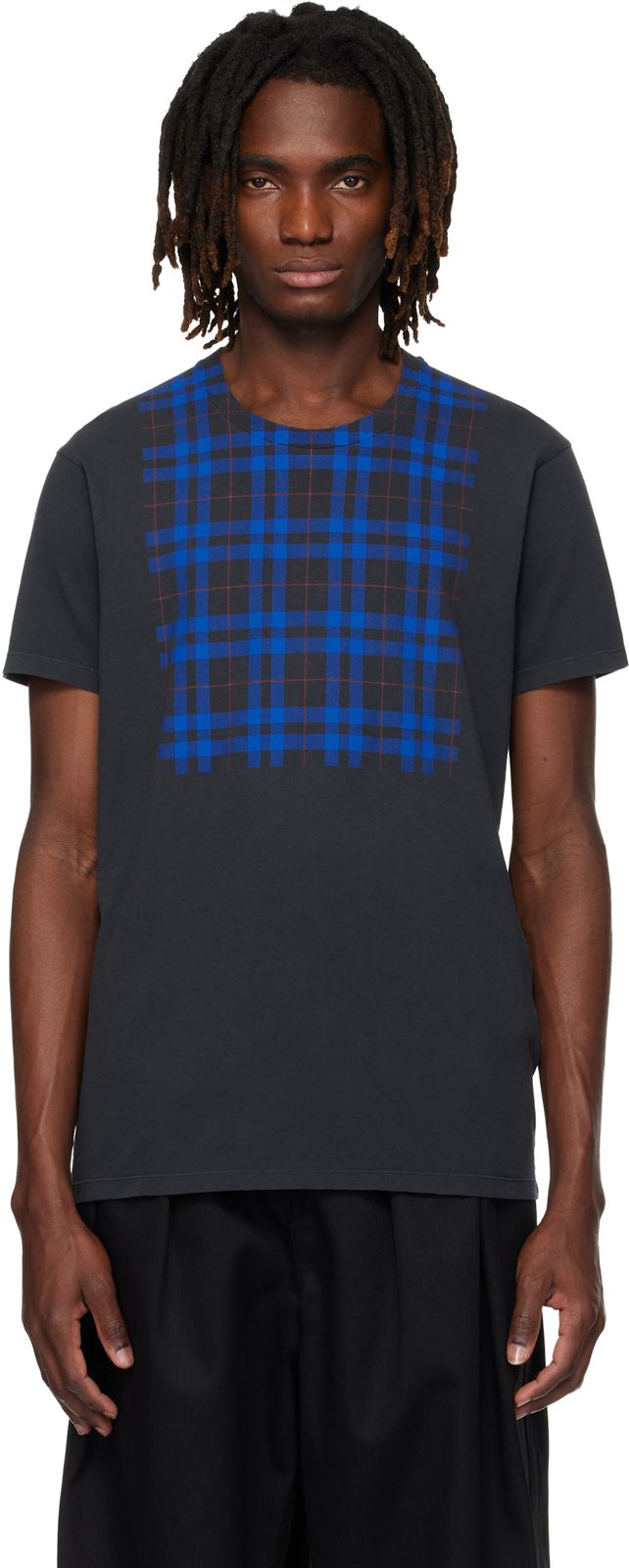Gray Cotton Check Panel T-shirt 261168M213012
