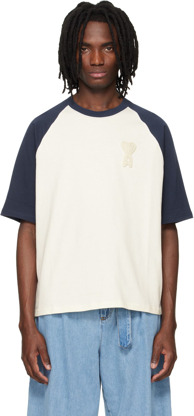 White & Blue Cotton Ami de Coeur Knitted Patch T-shirt 261482M213015