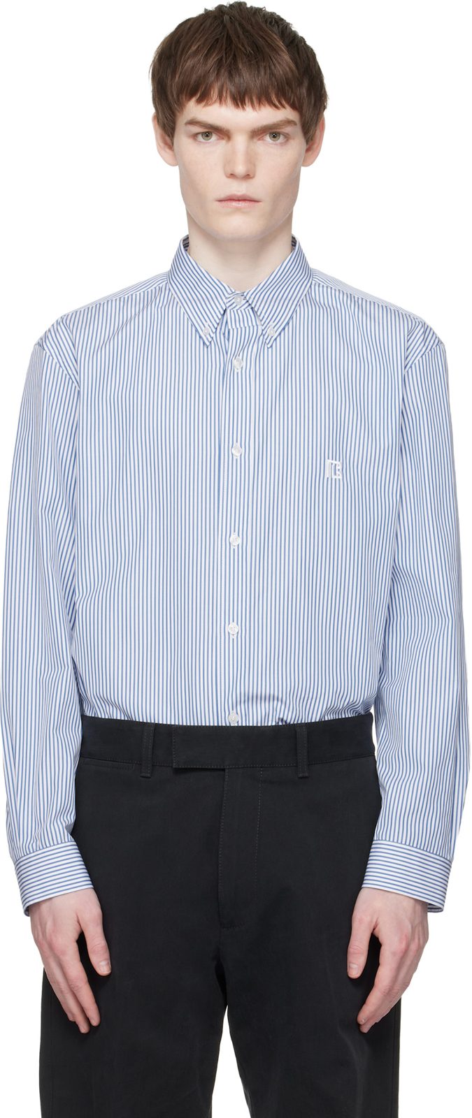 Blue & White Embroidered Pinstripe Popeline Regular Shirt 261251M192005