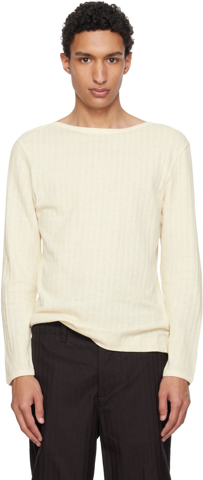 Paul Smith Beige Cotton-Linen Boat Neck Long-Sleeve T-shirt 261260M213020