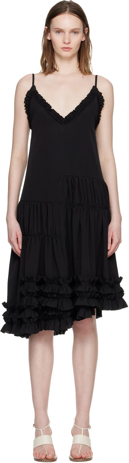 Black Asymmetrical Ruffle Minidress 261358F052003