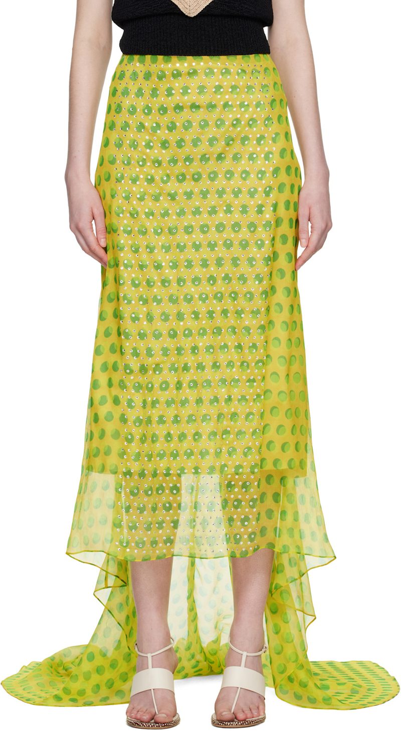 Yellow Embellished Silk Maxi Skirt 261358F093004