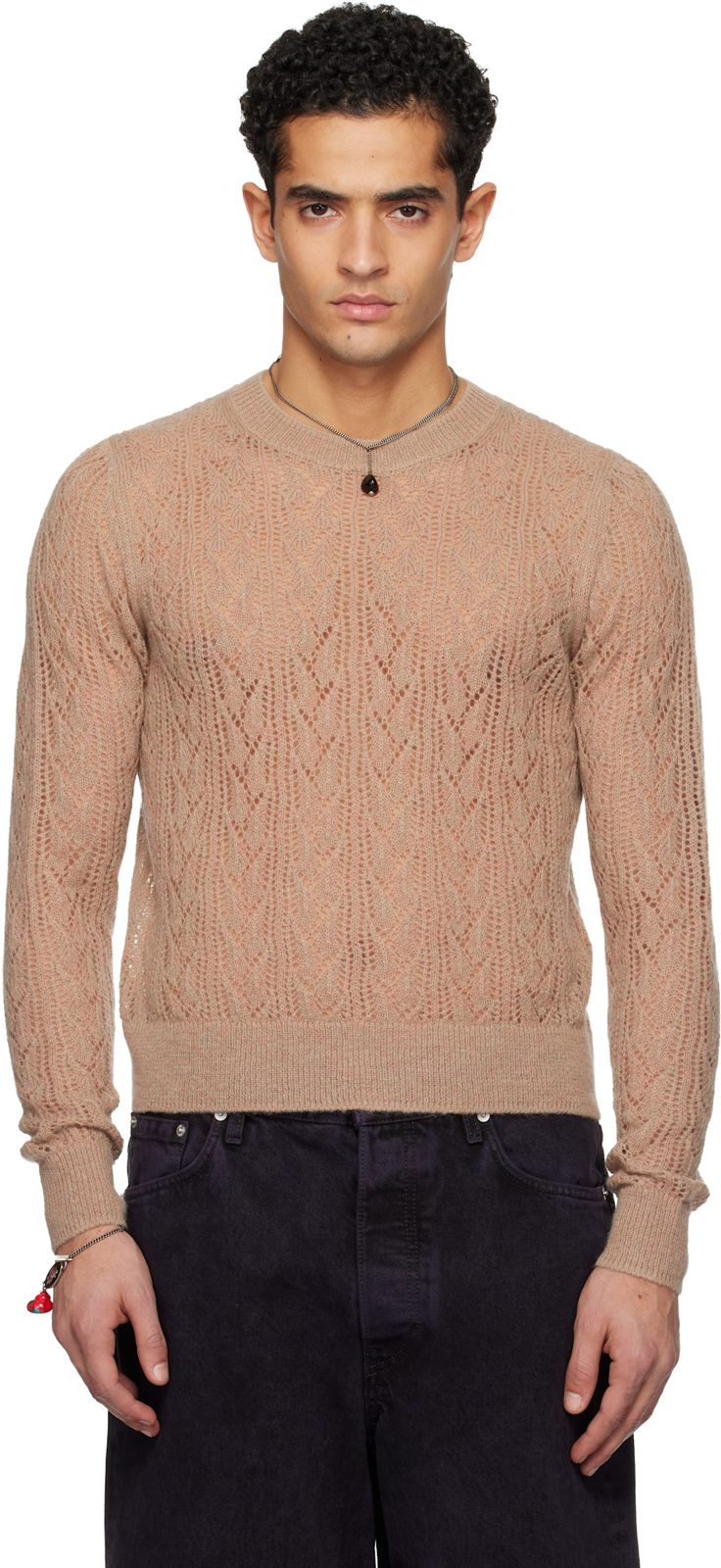Taupe Lace Stitch Alpaca Sweater 261358M201015