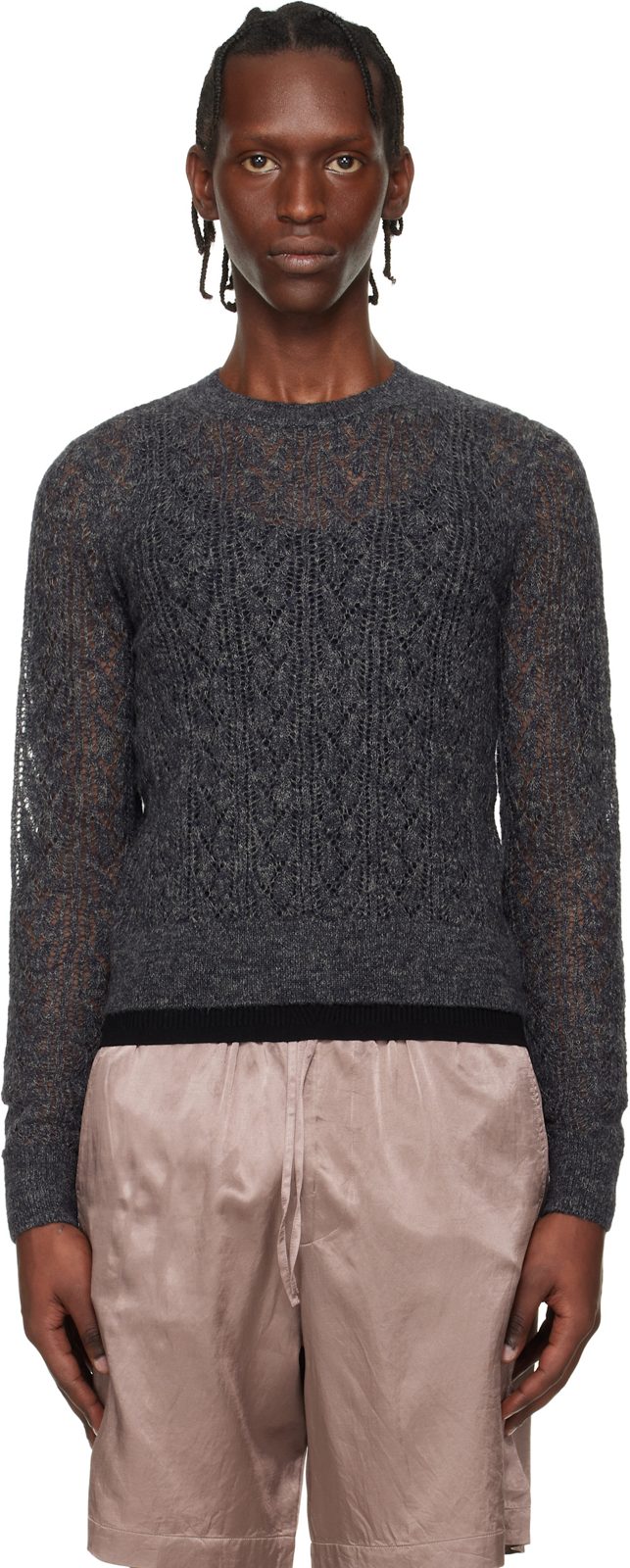 Gray Lace Stitch Alpaca Sweater 261358M201007