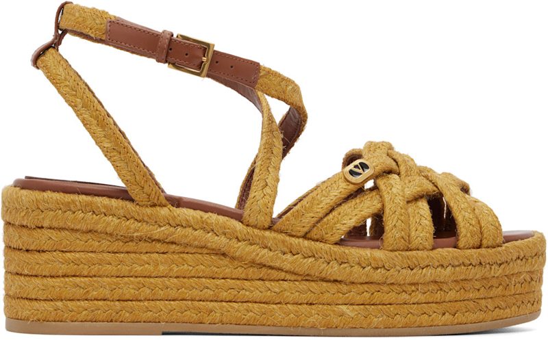 Garavani Tan Bribri Flatform Espadrilles Heeled Sandals 261807F124007