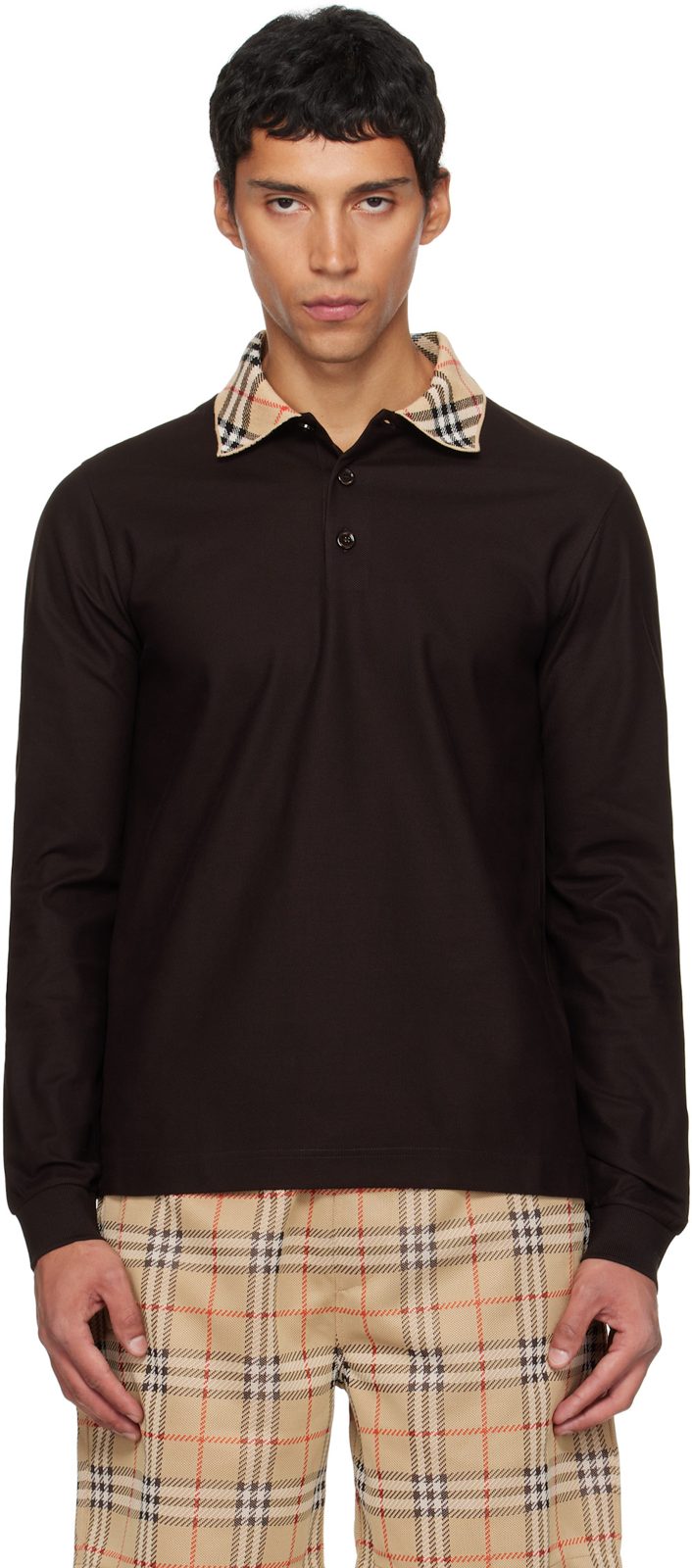 Brown Long Sleeve Check Collar Cotton Polo 252376M212024