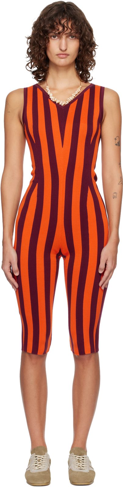 Orange & Burgundy Knitted Jumpsuit 261358F070000