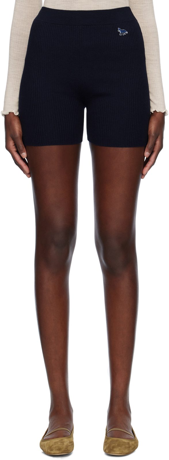 Maison Kitsune Navy Baby Fox Patch Fine Ribbed Shorts 251389F088004