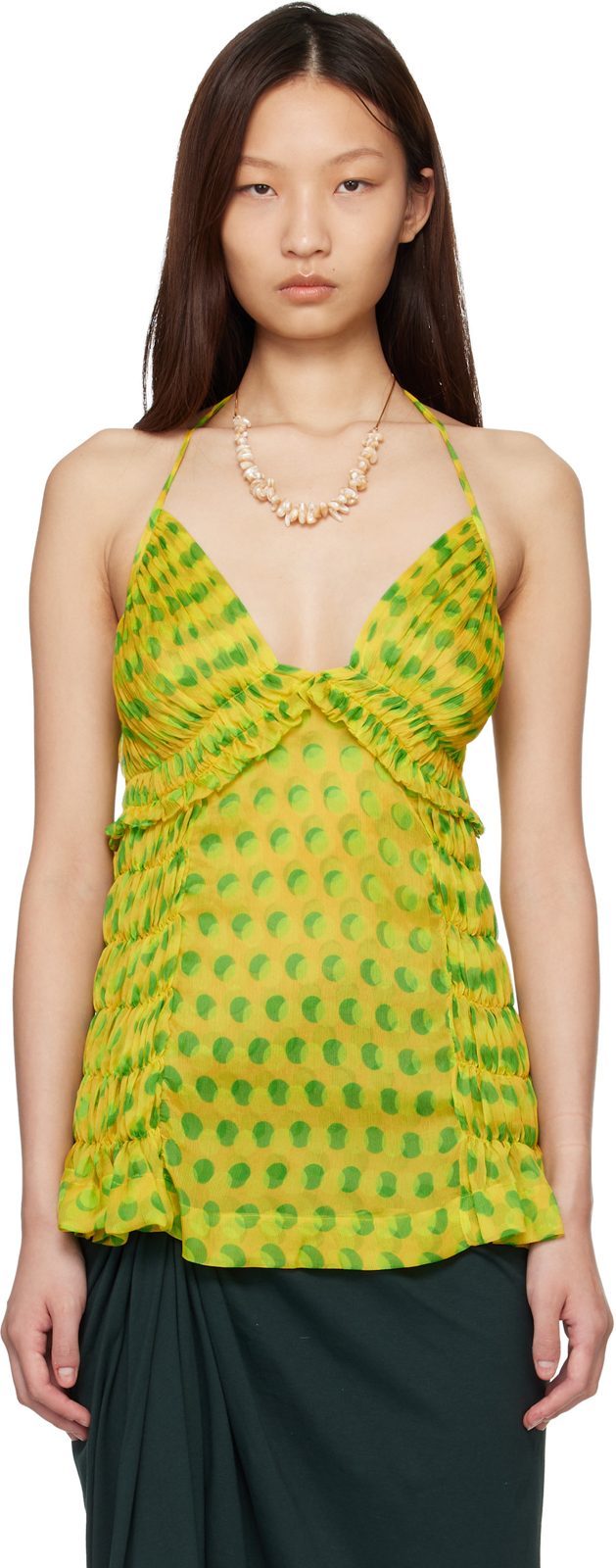 Yellow & Green Optical Polka Dot Silk Halter Top 261358F111011