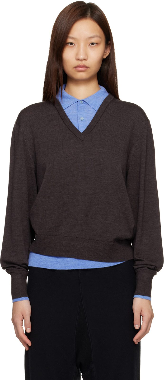 Brown & Blue Layered Wool Knit Sweater 261129F100004