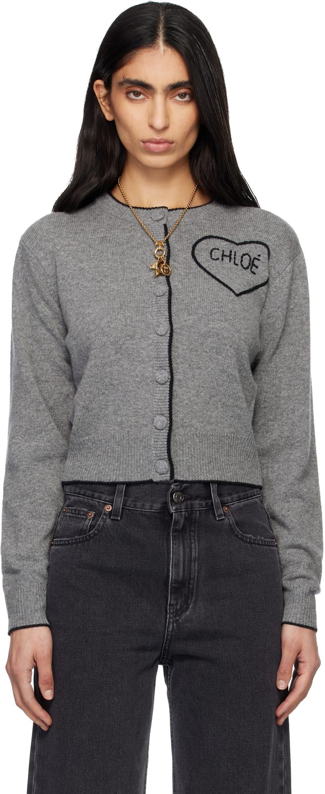 Chloe Gray Fitted Logo Cardigan 261338F095000
