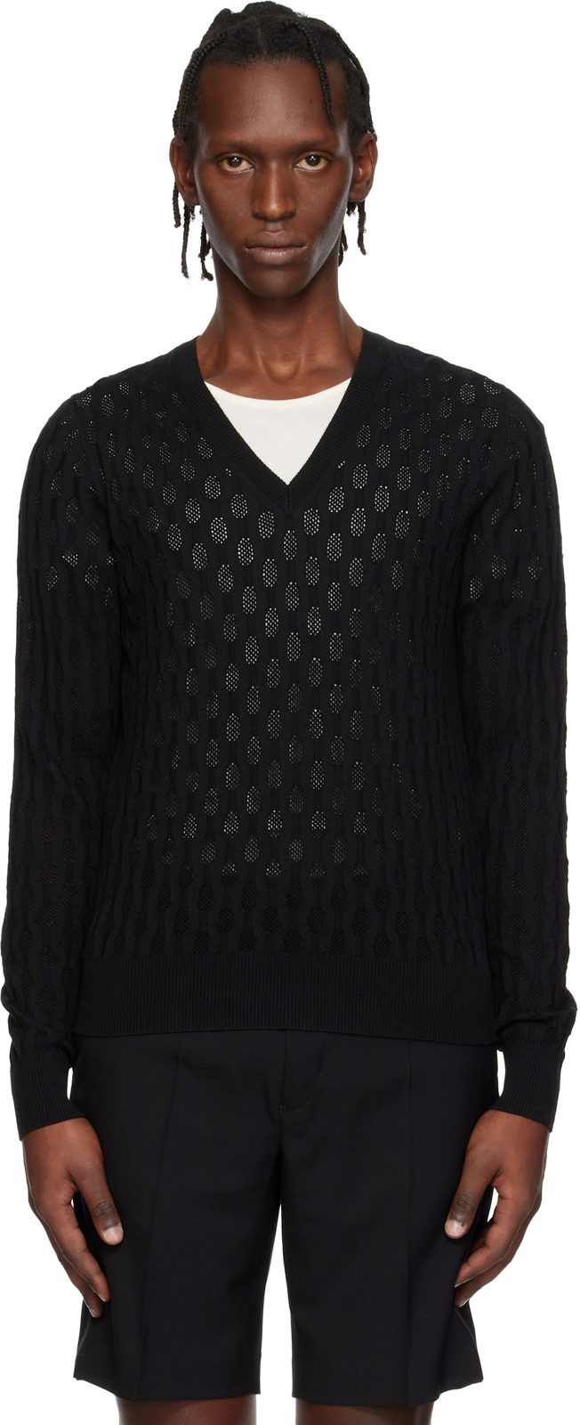 Black Open-Knit Sweater 261358M206004