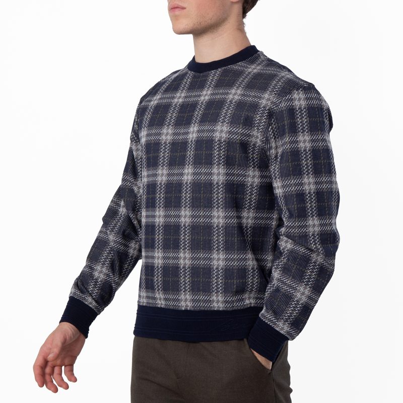 Checked Cotton-Blend Sweater_Indigo Ip Check