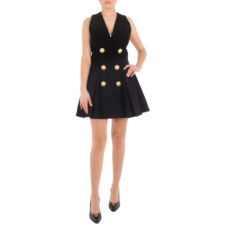 Pleated Flared Crepe Dress_Black