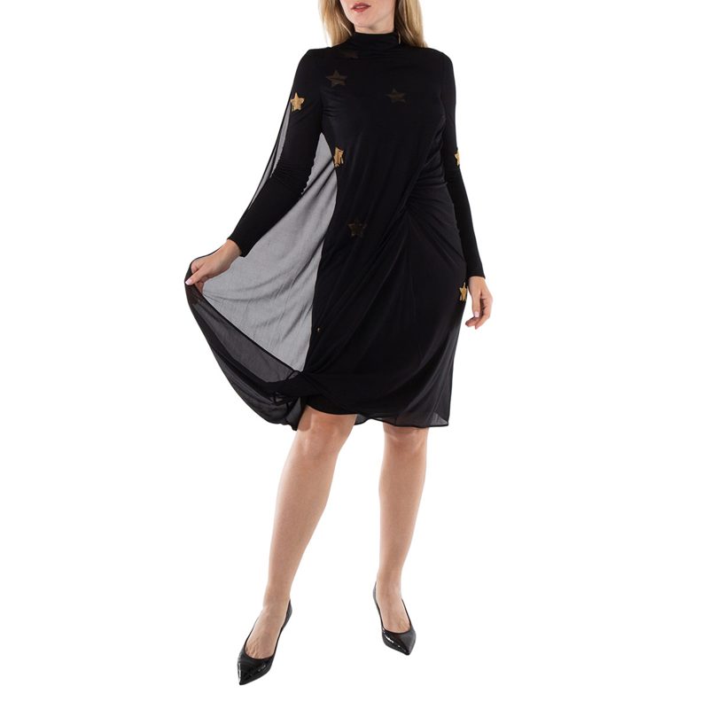 Black Star Motif Gathered Silk Viscose Dress_Black