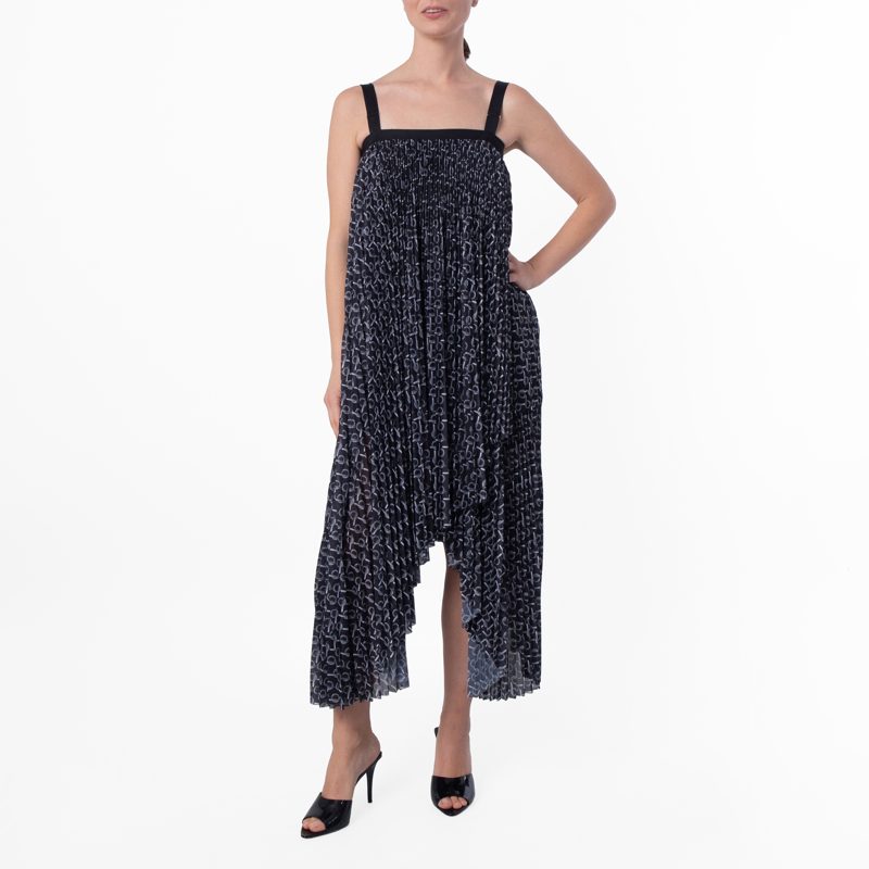 Pleated Chain Print Dress_Silver/Black