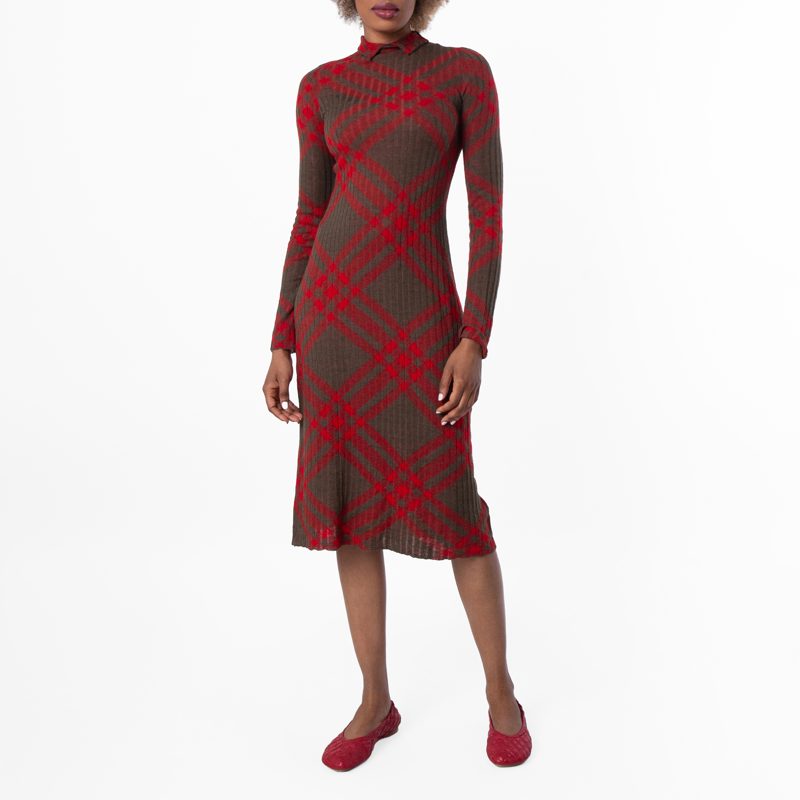 Long Sleeve Checkered Wool Blend Shift Dress_Loch Ip Check