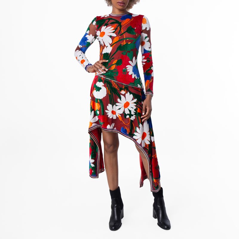 Daisy Garden Print Velvet Dress_Red/White Ip Pattern