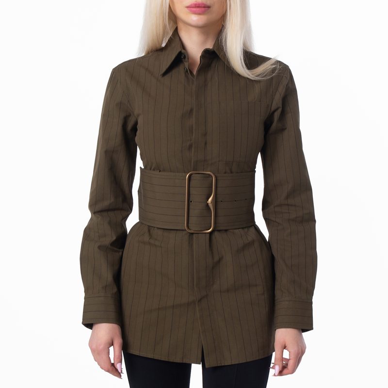 Pinstriped Cotton-Poplin Belted Shirt_Juniper/Raven