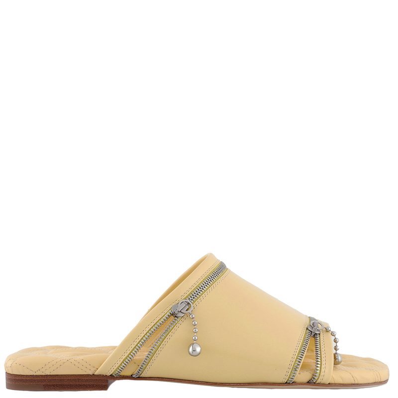 Leather Peep-Toe Slides With Equestrian Knight Design_Daffodil