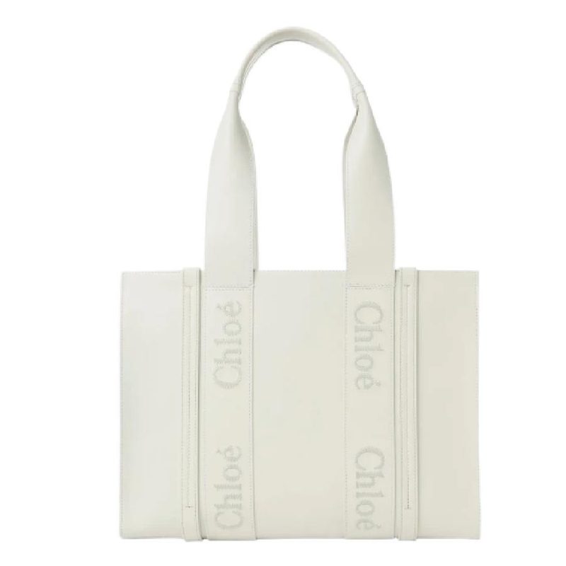 Chloe Woody Leather Logo Tote Bag_White
