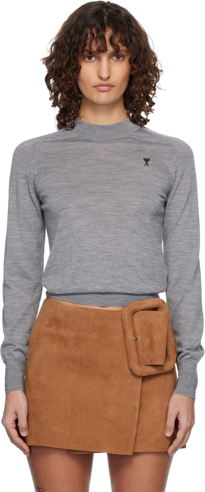 Gray Wool Crewneck Ami de Coeur Sweater 261482F096008