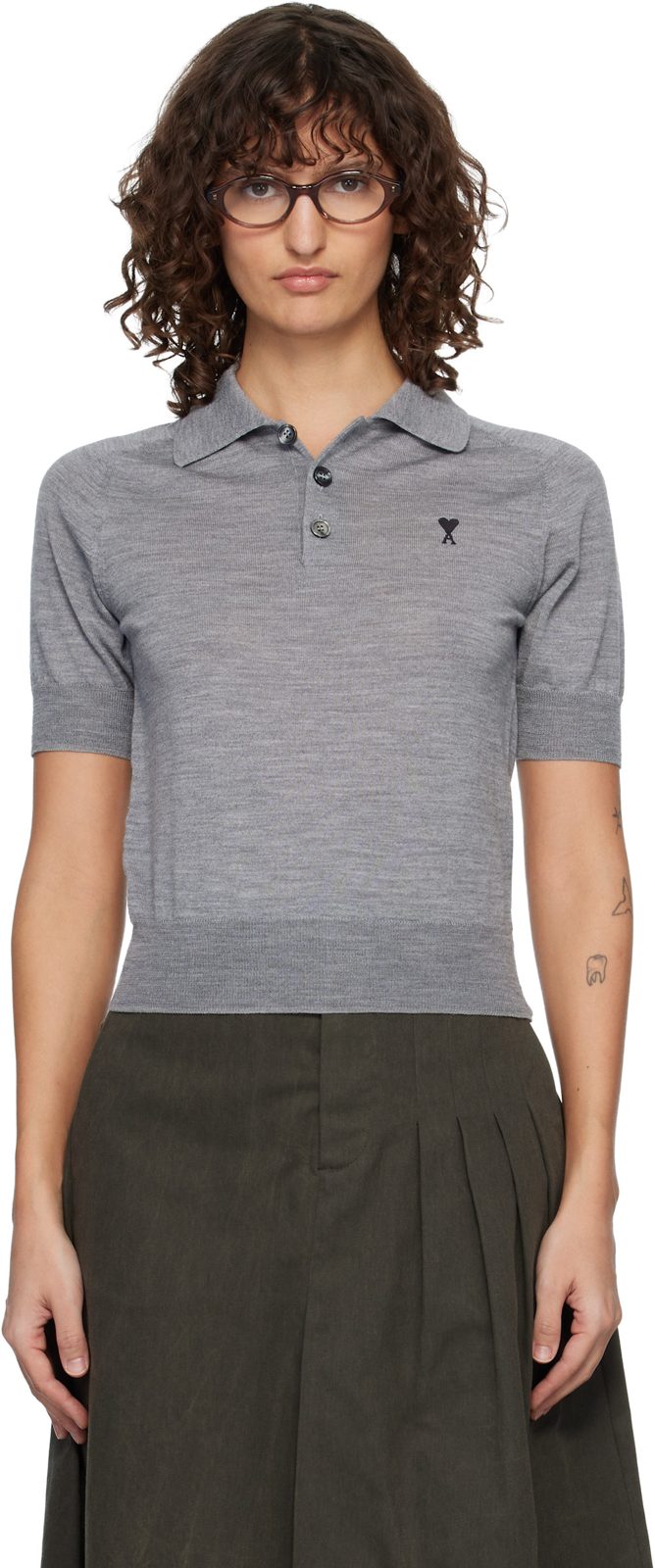 Gray Wool Short Sleeves Ami De Coeur Polo 261482F108003