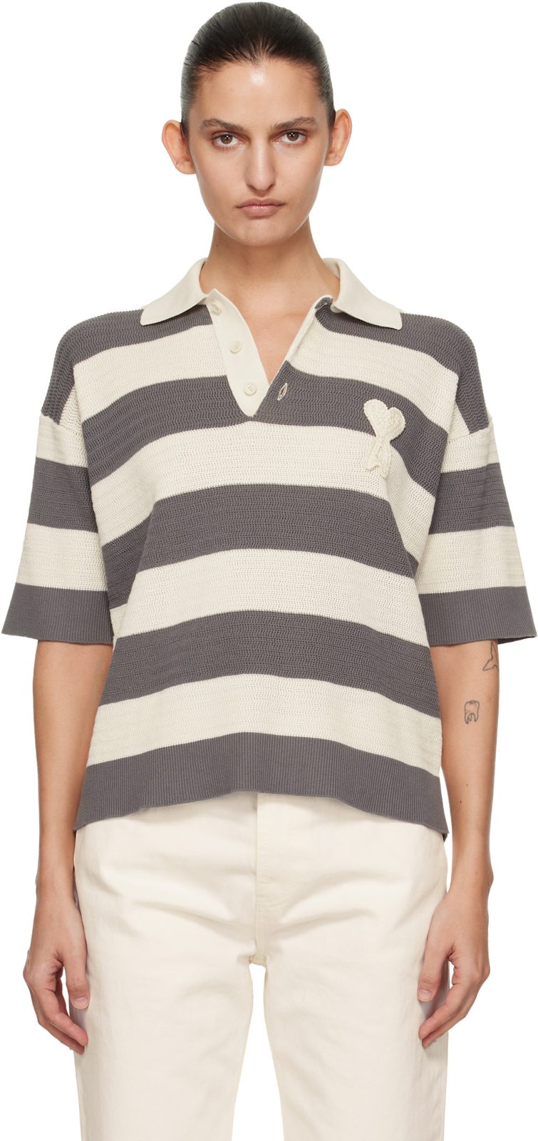 오프화이트 & Gray Short Sleeves Ami de Coeur Polo 261482F108005