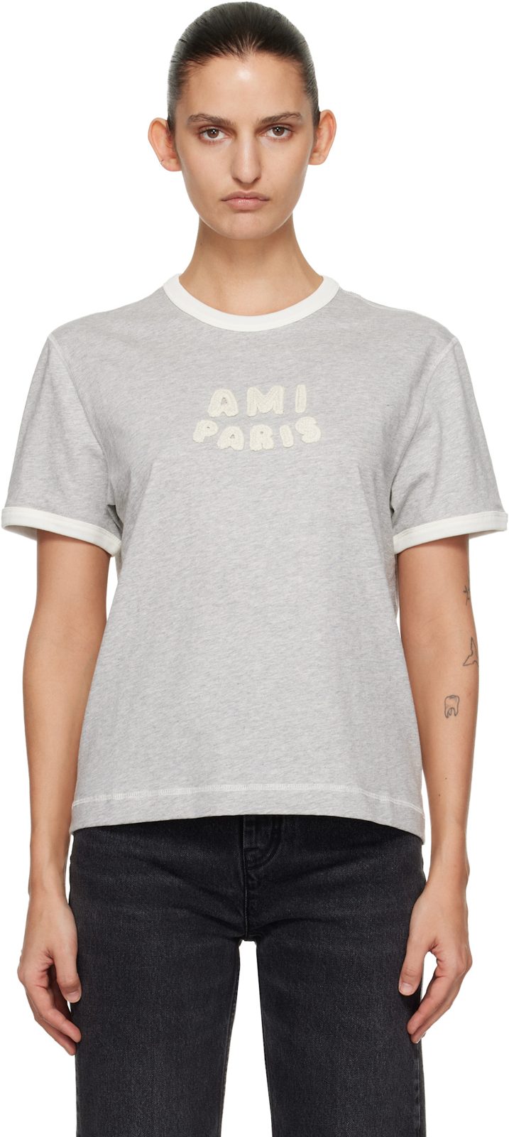 Gray Cotton [아미 파리] Knitted Patch T-shirt 261482F110006