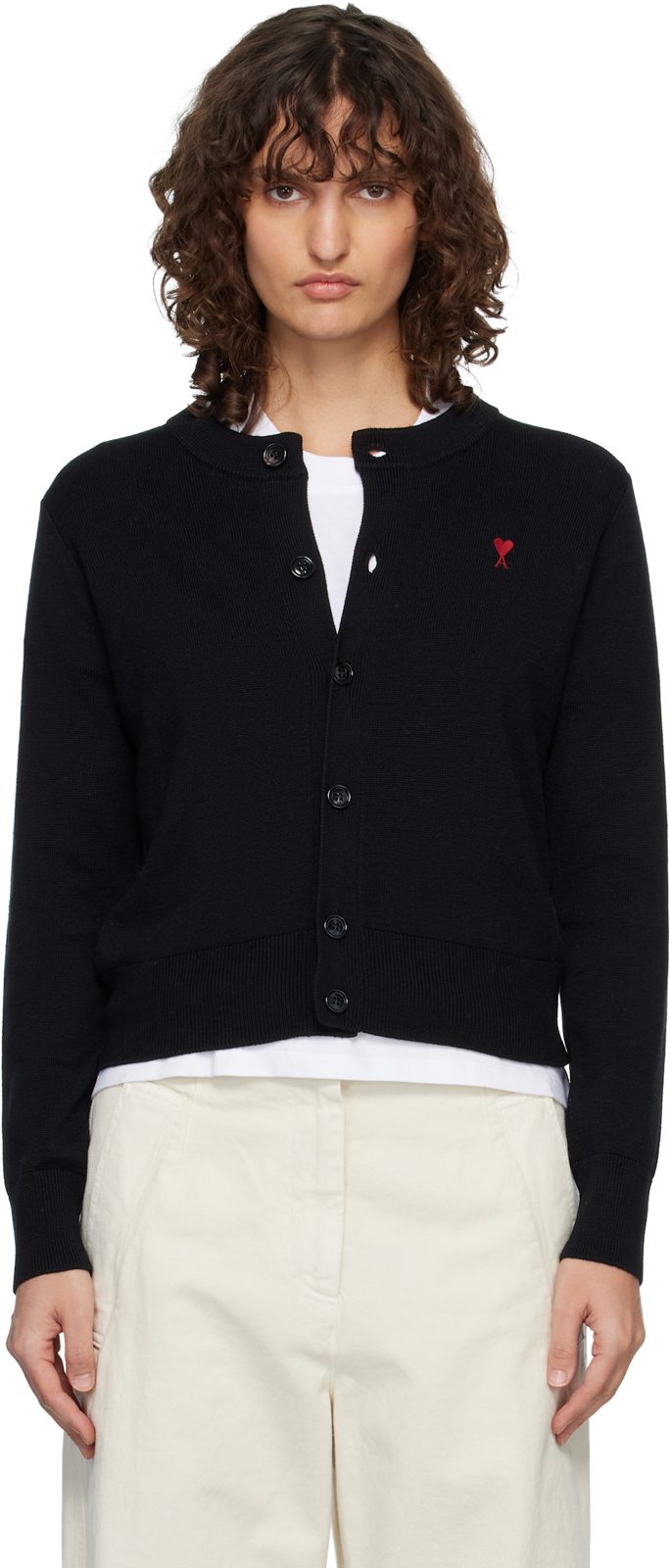 Black Wool Crewneck Ami de Coeur Cardigan 261482F095012